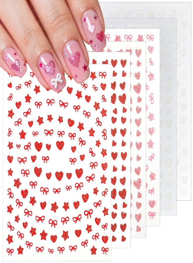 Allstarry Heart Nail Stickers, 6 Sheets Valentines Nail Stickers, Self-Adhesive Glitter Heart Nails Decals Pink Red White Valentines Day Nails Stickers for Women Gift Holiday Wedding Party Accessories - Image 1